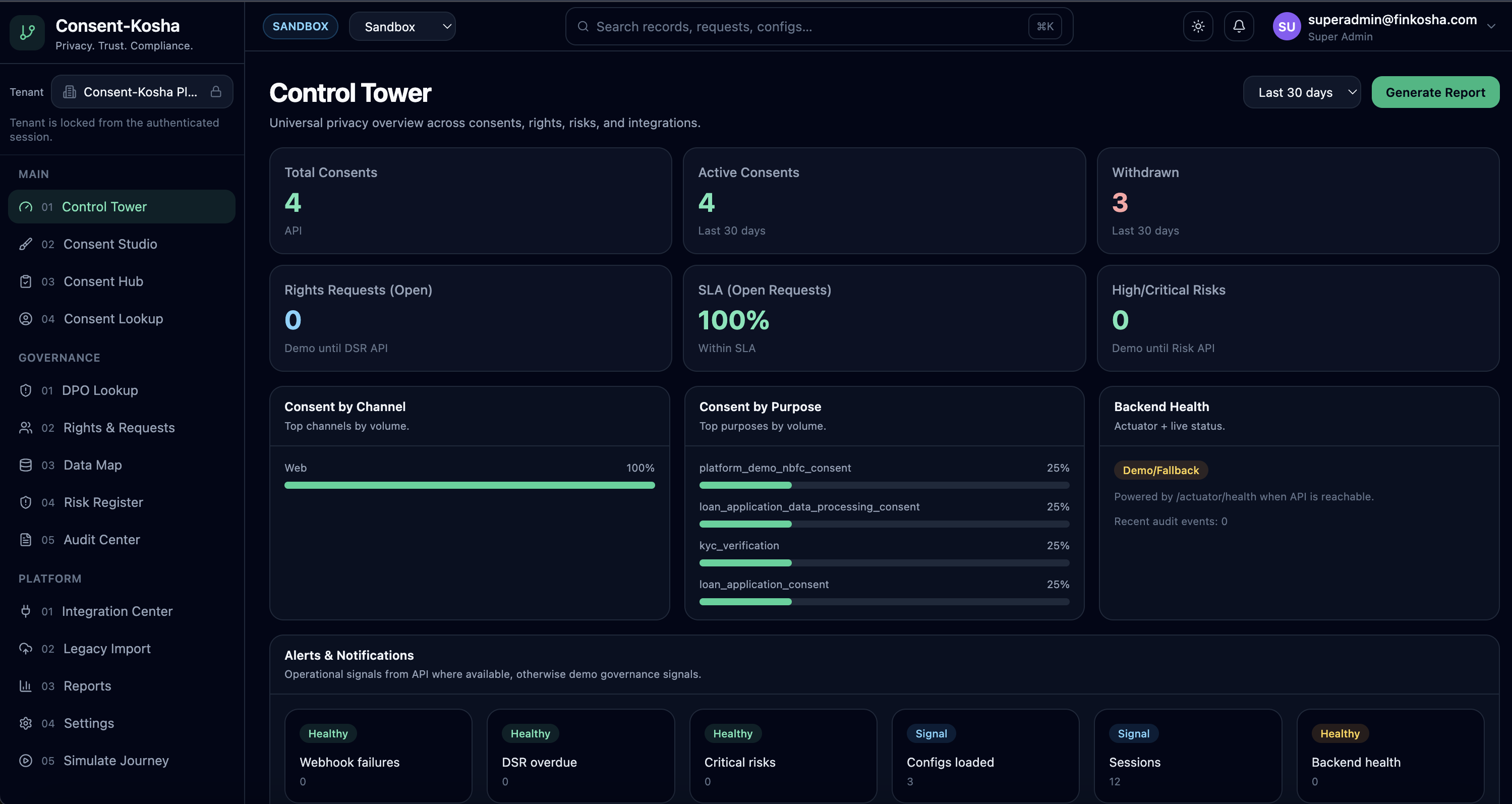 Consent-Kosha Control Tower dashboard
